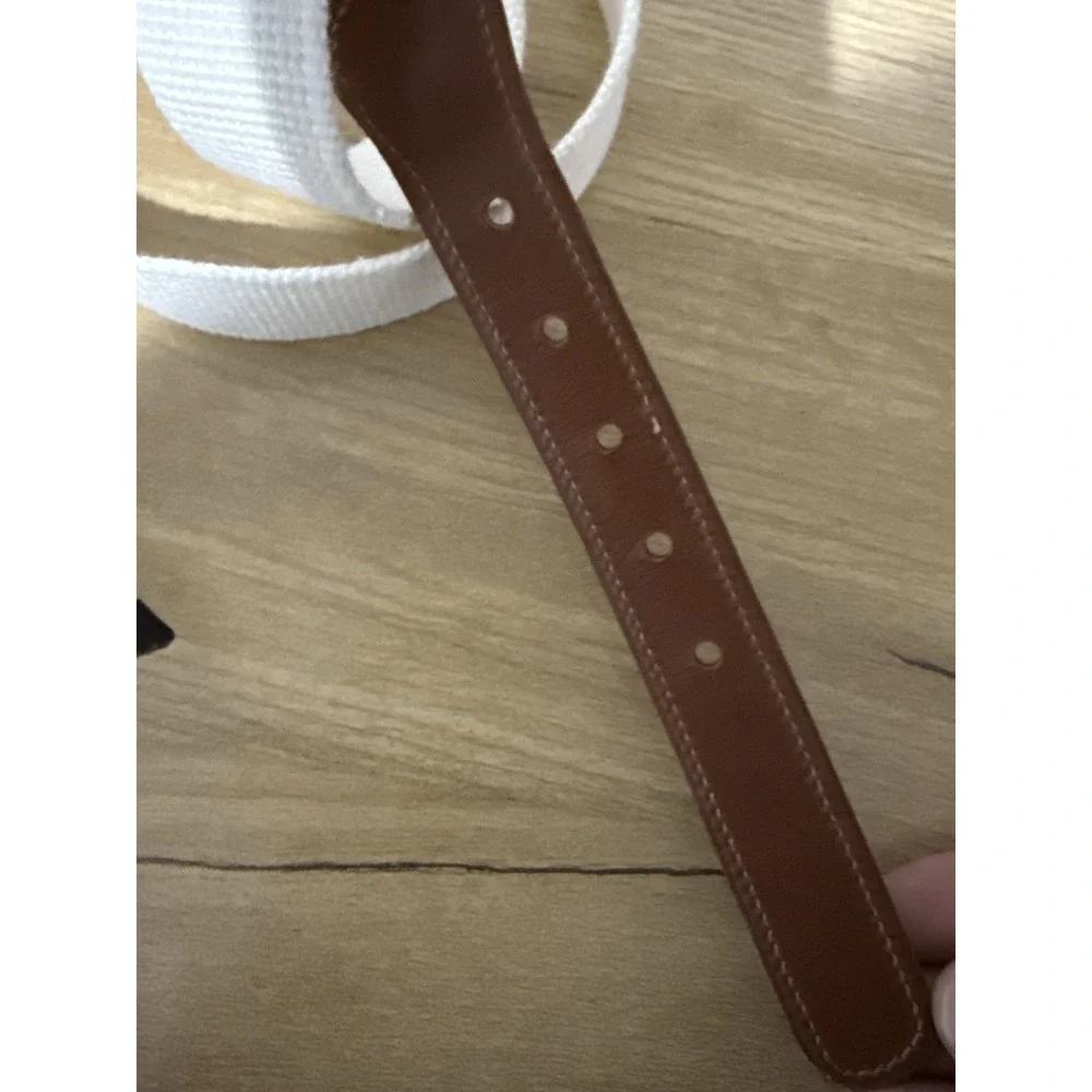 Vintage Coach Leather Canvas Belt 3815‎ Brass White Linen Brown Tan Size 34